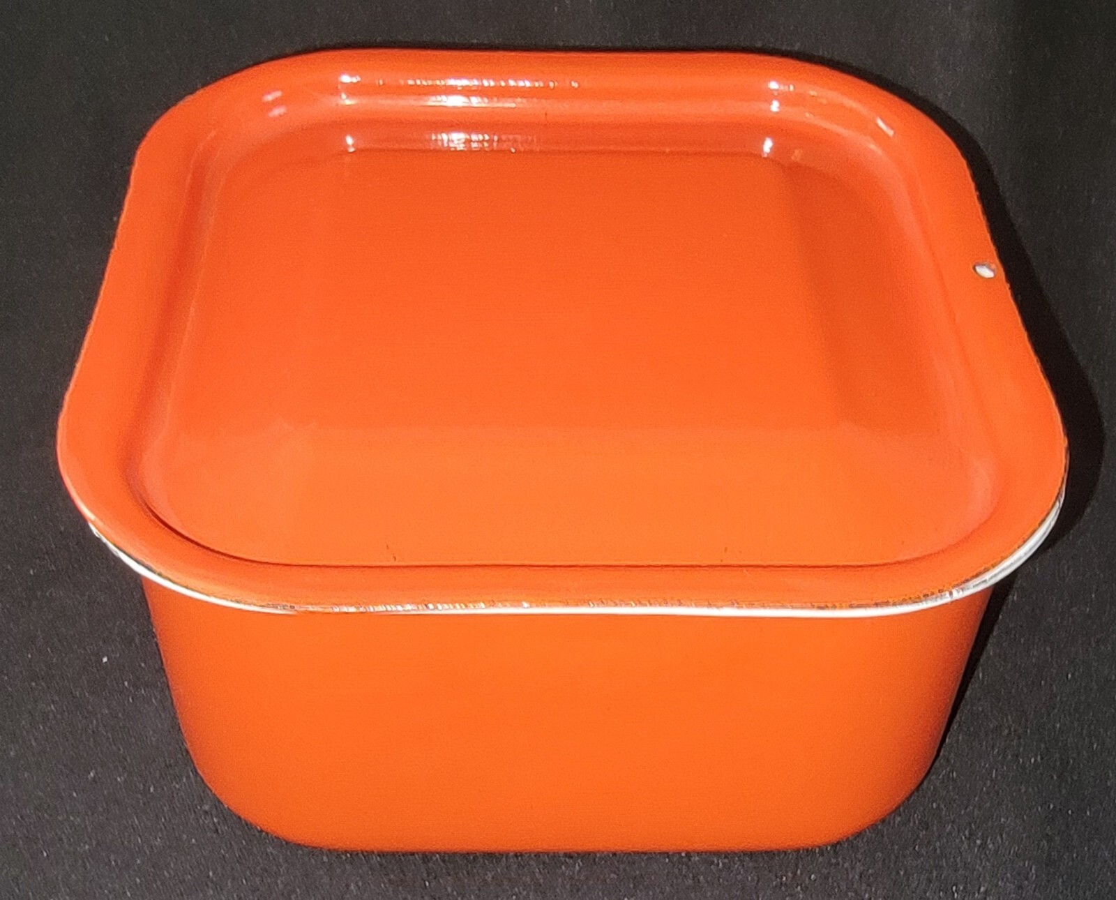 Enamelware Refrigerator Cast Metal Storage Orange/Red Dish & Cover Vtg Farmhouse