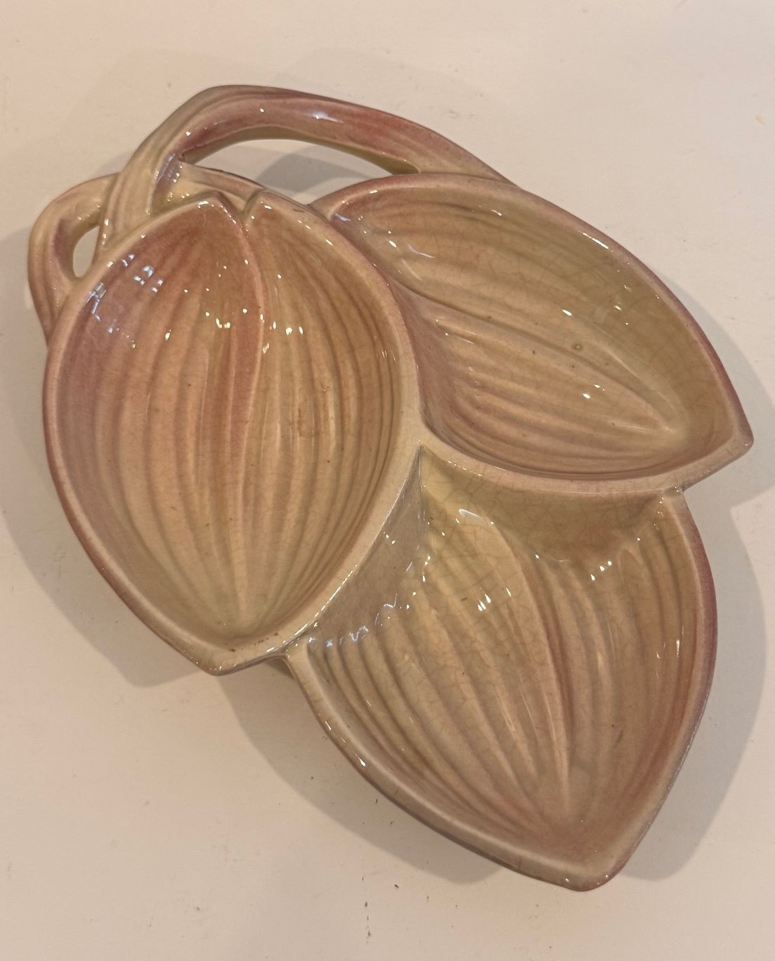 Vintage 1950s McCoy Pottery Pink Three Leaf Divided Dish - 11 Inch Vintage 1950s McCoy Pottery Pink Three Leaf Divided Dish - 11 Inch
