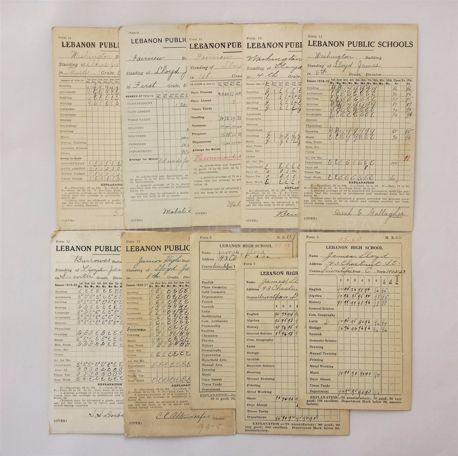 1914-24 antique 10pc LEBANON pa SCHOOL REPORT CARDS Lloyd James