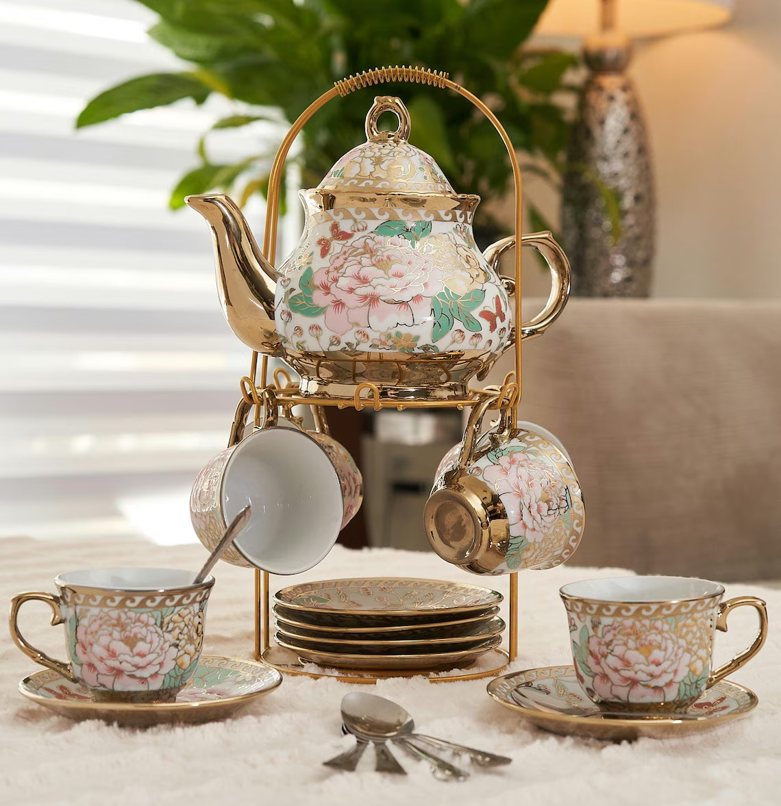 Tea Set 20 Piece Teapot 3 oz Cups Saucers Stainless Steel Spoons Rack Multi Gold Tea Set 20 Piece Teapot 3 oz Cups Saucers Stainless Steel Spoons Rack Multi Gold