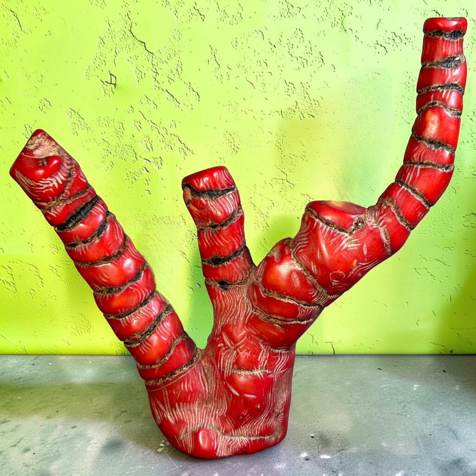 Vintage 1960s Chinese Carved Red Bamboo Root Faux Coral Style Sculpture Decor Vintage 1960s Chinese Carved Red Bamboo Root Faux Coral Style Sculpture Decor