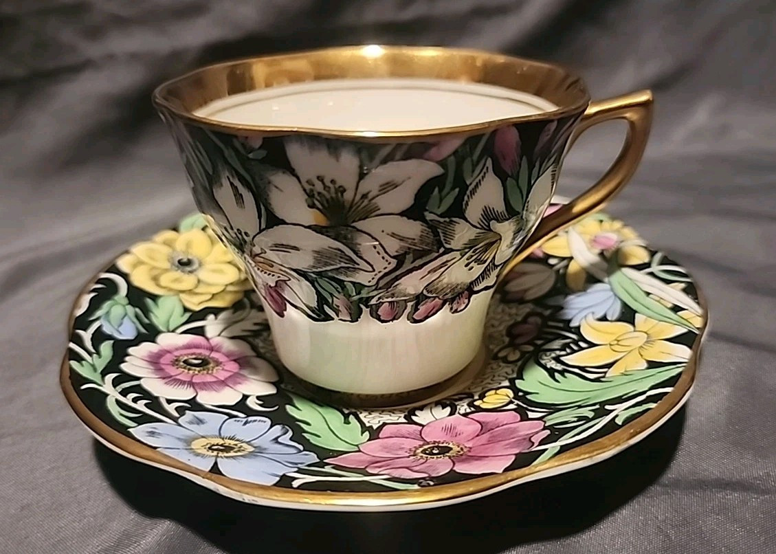 Vintage Rosina England Bone China Black Gold Floral Tea Cup & Saucer Set England Vintage Rosina England Bone China Black Gold Floral Tea Cup & Saucer Set England