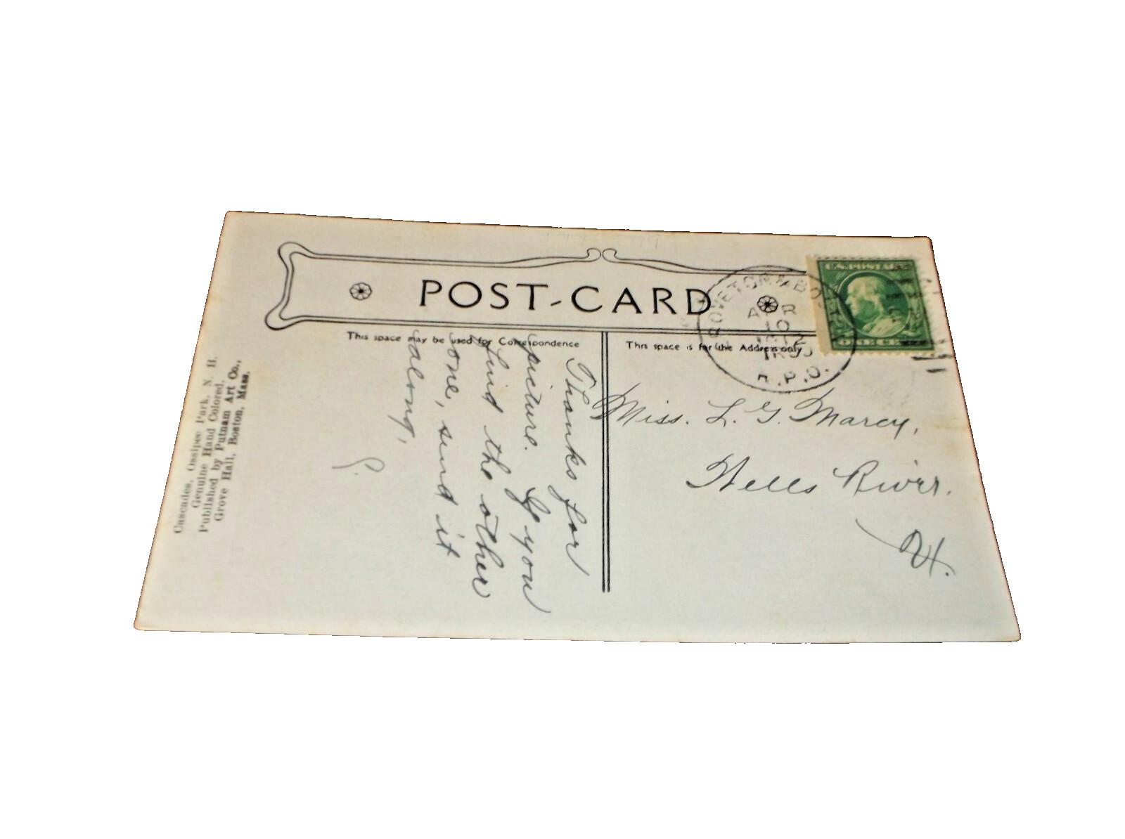 APRIL 1912 GRAND TRUNK GROVETON & BOSTON TRAIN #33 RPO HANDLED POST CARD APRIL 1912 GRAND TRUNK GROVETON & BOSTON TRAIN #33 RPO HANDLED POST CARD