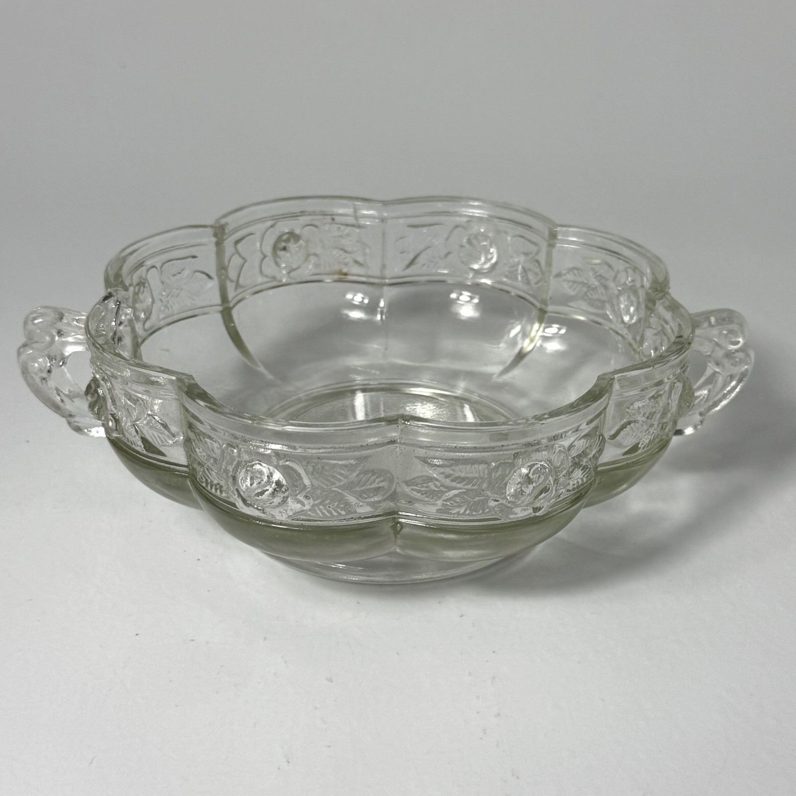 Vintage Clear Pressed Glass Bowl Floral Rose Pattern Double Handle Serving Dish