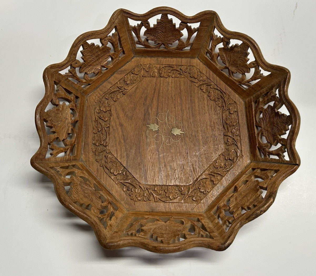 Vintage Hand Carved Wooden Plate  Flowers Leaves scallop  decorate home decor