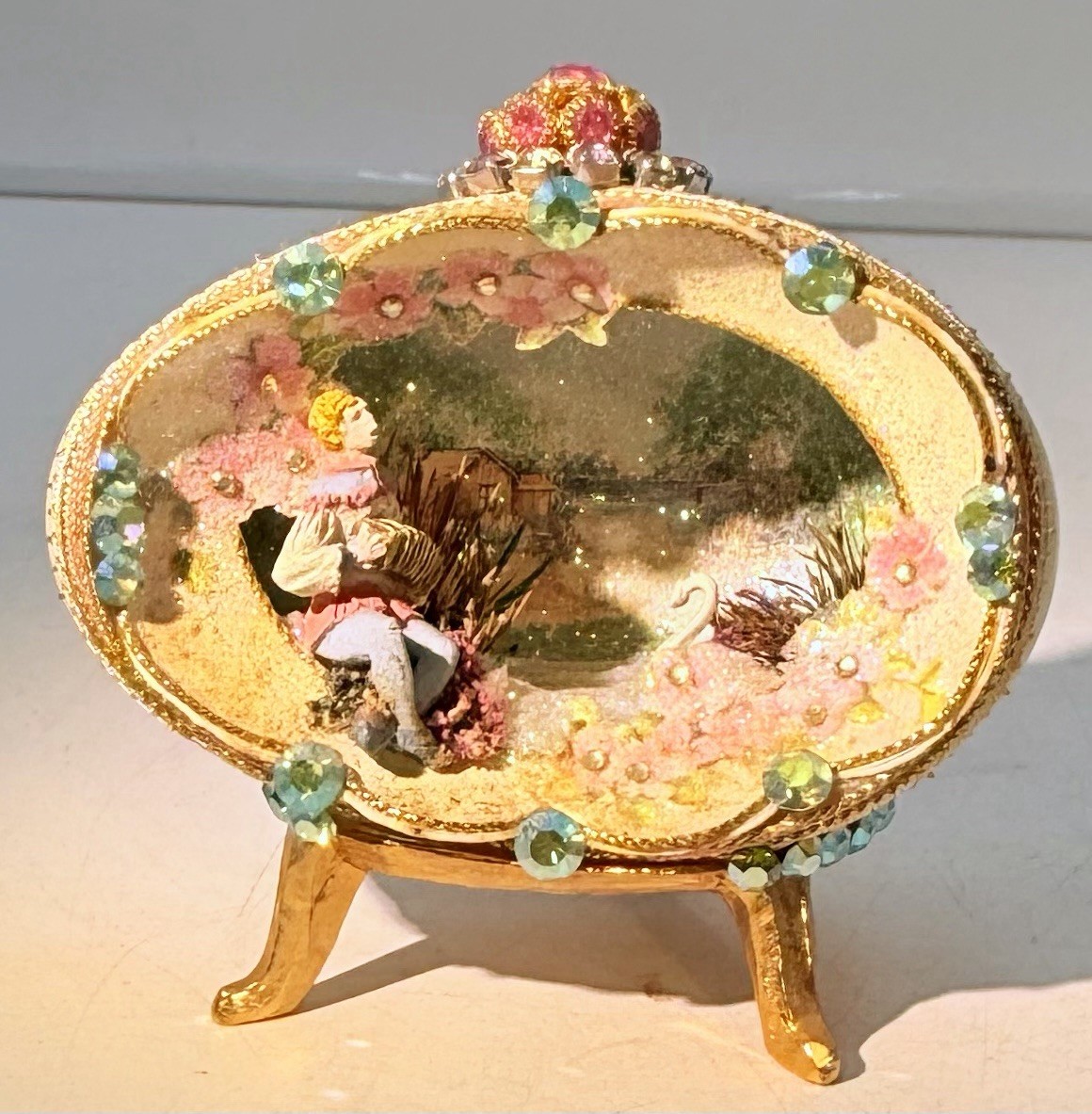 Vintage Handmade Egg Diorama With Jems, Swan Lake On Stand OOAK Vintage Handmade Egg Diorama With Jems, Swan Lake On Stand OOAK