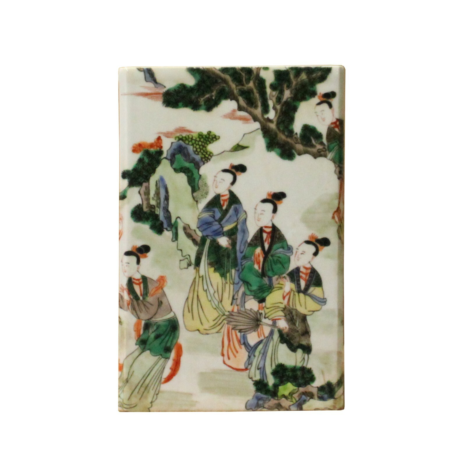 Chinese Distressed Off White Porcelain People Scenery Square Pot ws1079