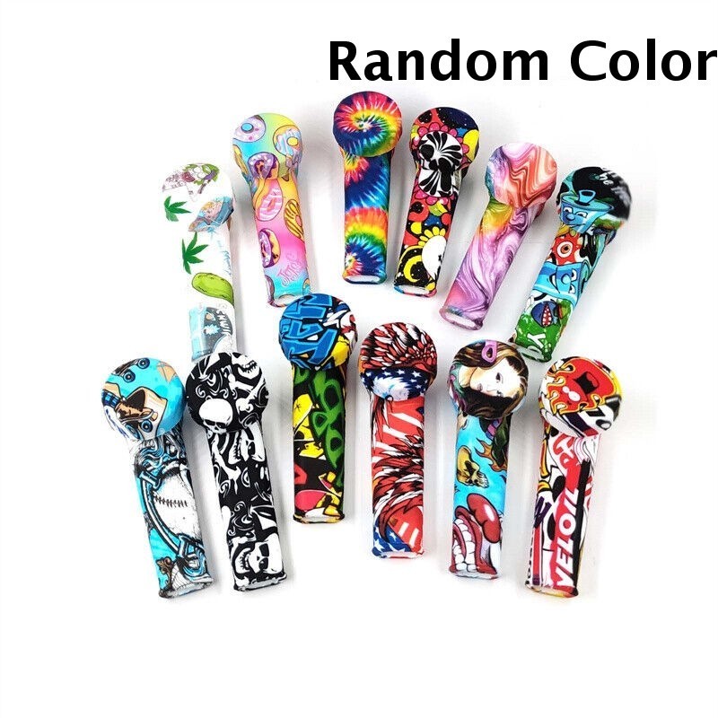 5PCS Random Print Washable Silicone Tobacco Pipe W Steel Bowl& Dust Lid Portable