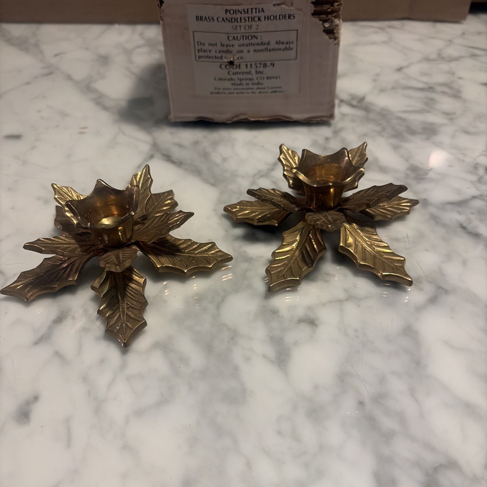 PAIR VINTAGE SOLID BRASS CANDLEHOLDERS, POINSETTIA , INDIA PAIR VINTAGE SOLID BRASS CANDLEHOLDERS, POINSETTIA , INDIA