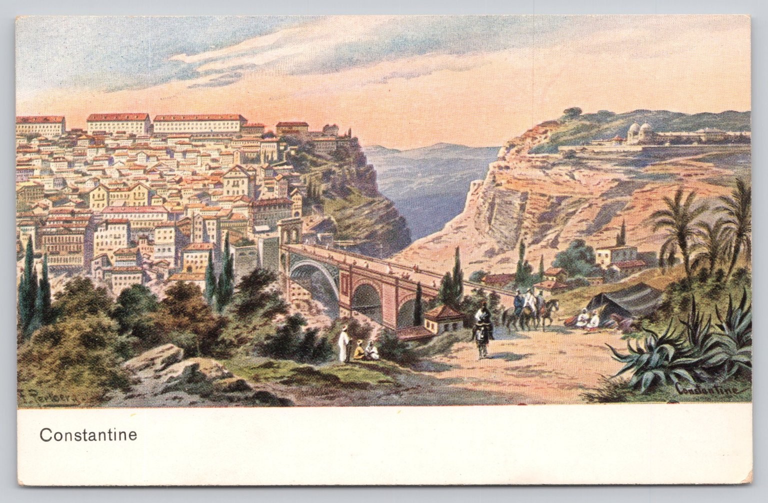 Constantine Algeria Bridge Cityscape Vintage Illustrated Postcard