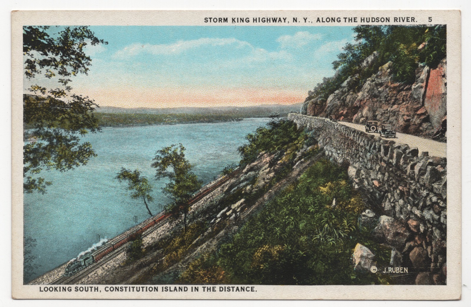 Storm King Highway NY Hudson River White Border Curt Teich Postcard 1922 J Rube