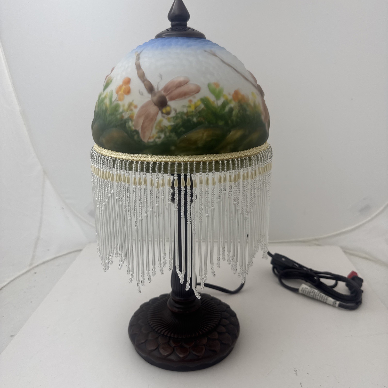 Vintage Beaded Boudoir Style Table Lamp Butterfly Glass Shade with Tassels Vintage Beaded Boudoir Style Table Lamp Butterfly Glass Shade with Tassels