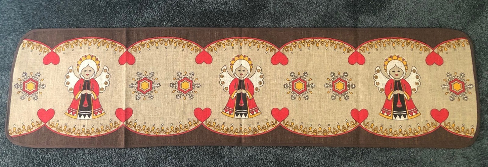 Vintage 70s Christmas Angel Table Runner Folk Art  Burlap W. Germany