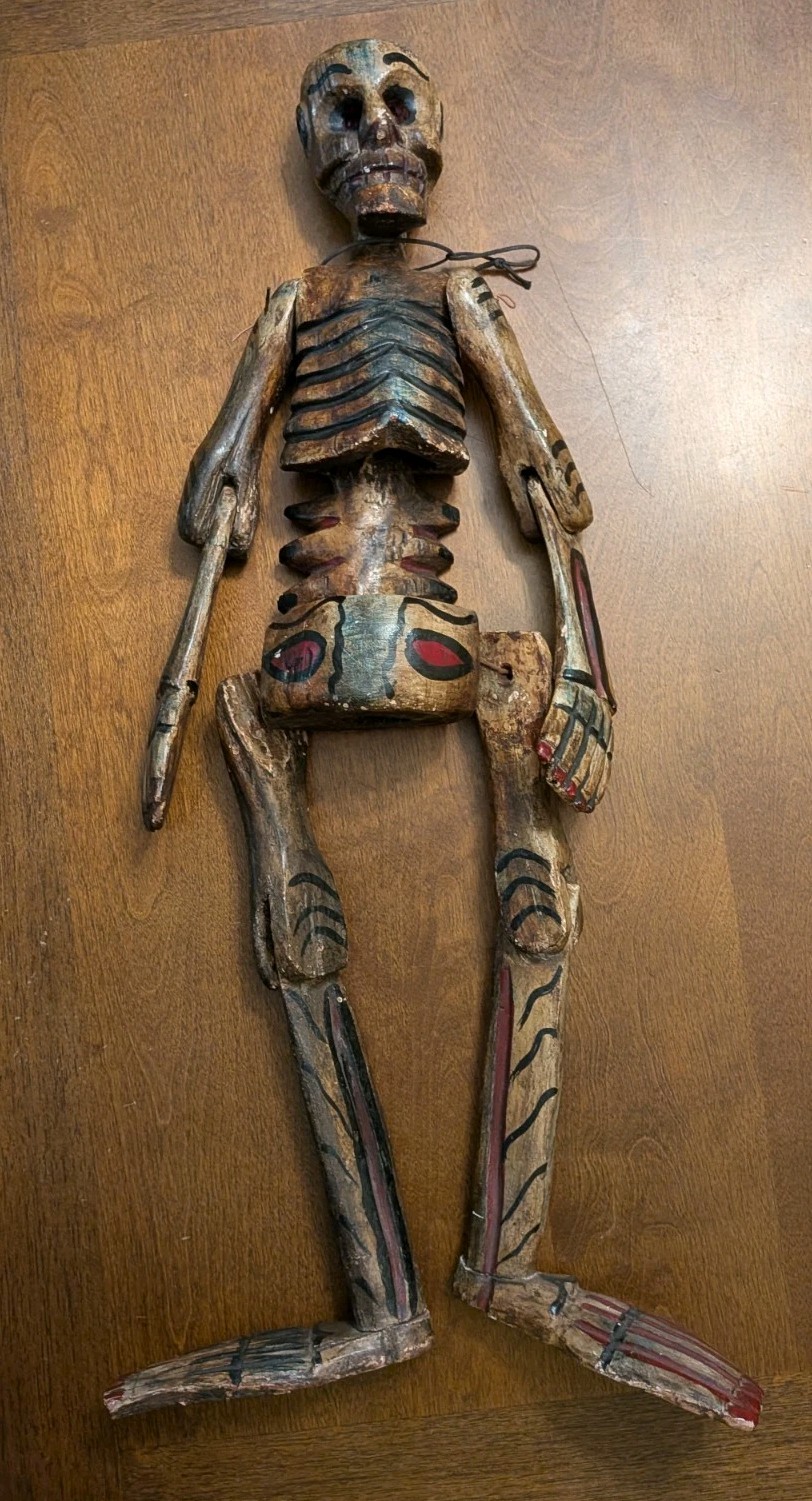 Vintage Day of the Dead hand carved and painted wood articulated skeleton 28\