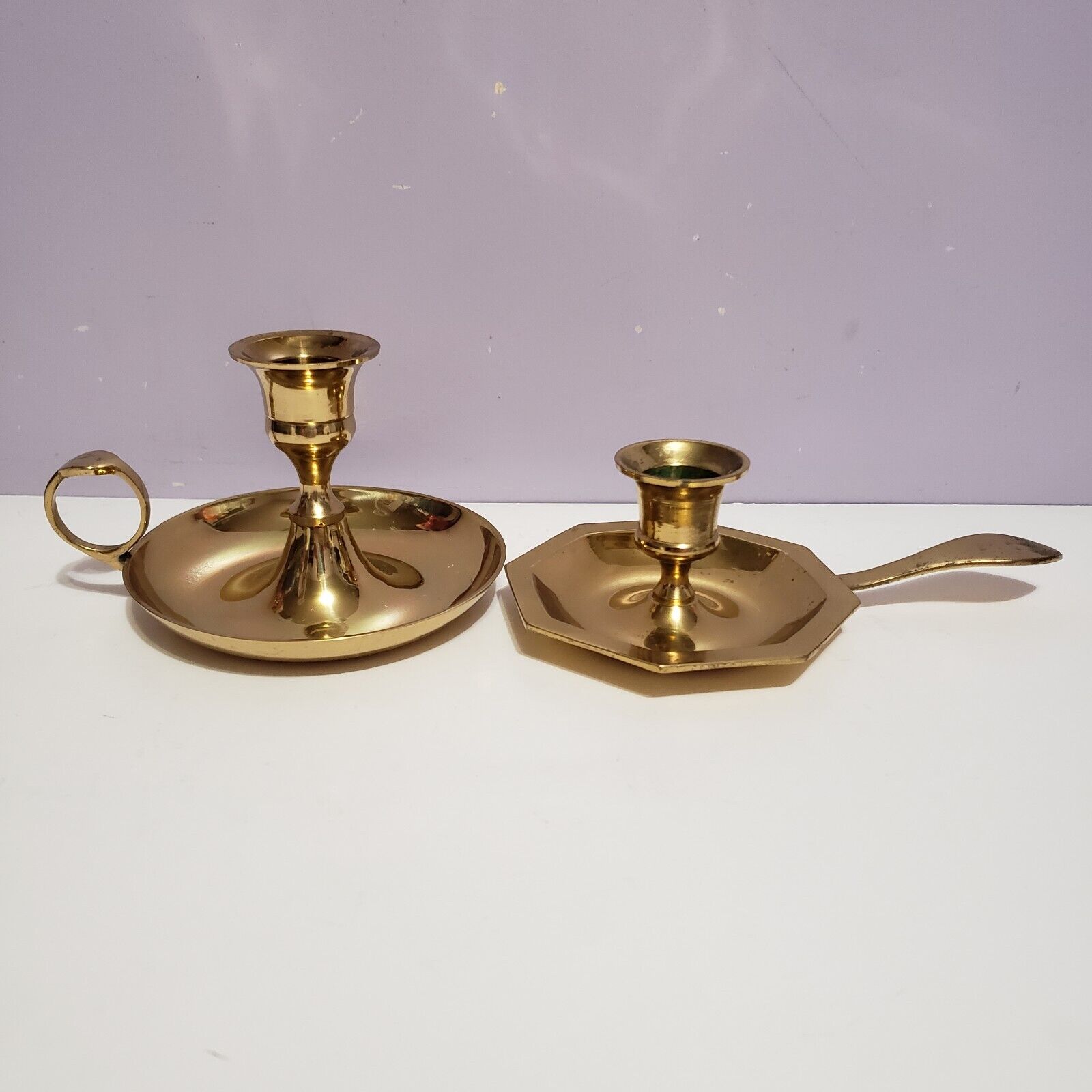 Brass Solid Standard Candle Holder w/Handles Lot of 2 Assorted