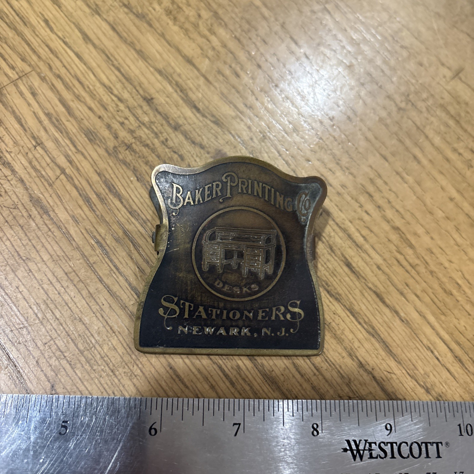 Rare Early Advertising Brass Paper Clip Baker Printing Stationers Newark NJ
