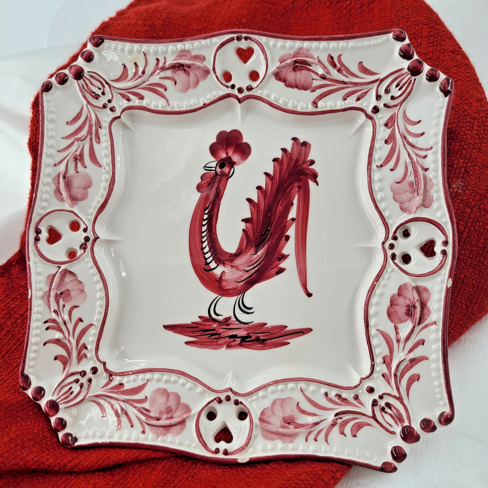 Rooster Ceramic Plate Red Cream Folk Art Pierced Heart Border Hand Painted VGC