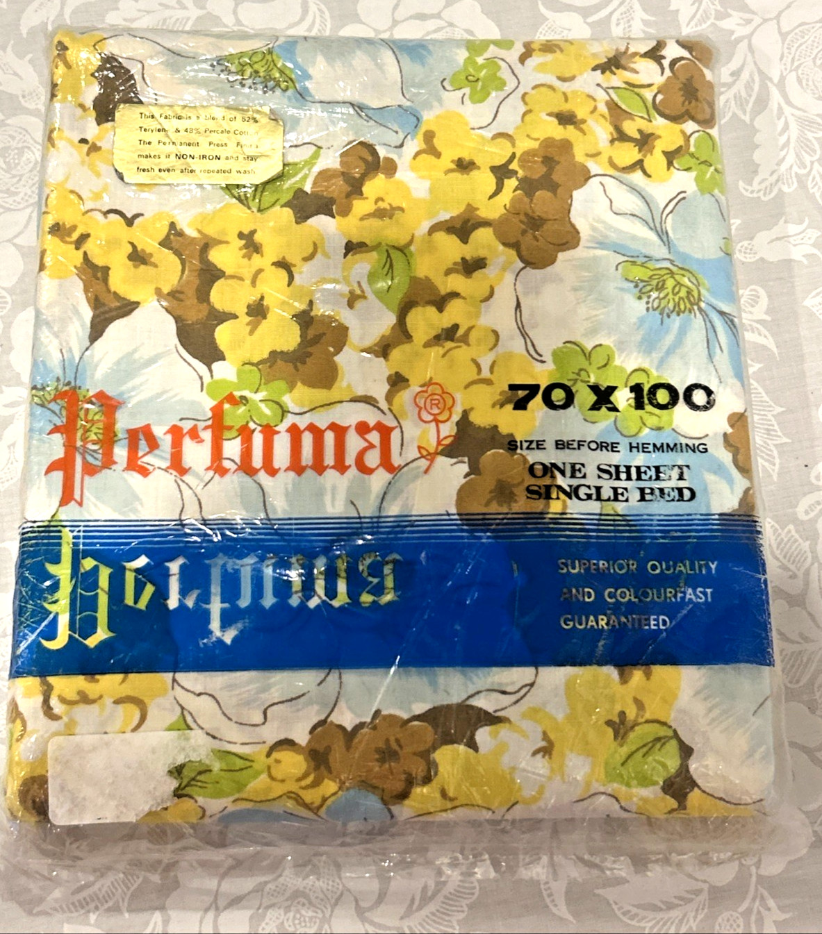 vintage Perfuma single bed sheet NOS floral yellow brown blue green MCM fabric vintage Perfuma single bed sheet NOS floral yellow brown blue green MCM fabric