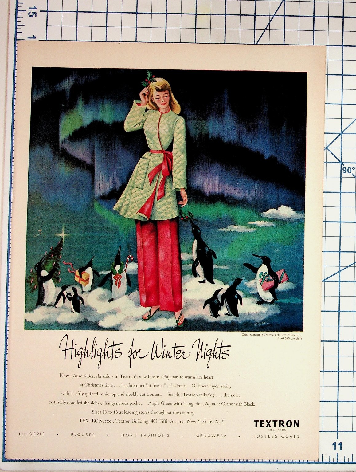 TEXTRON Hostess Pajamas Ad 1940s Christmas Aurora Borealis Penguins Fashion TEXTRON Hostess Pajamas Ad 1940s Christmas Aurora Borealis Penguins Fashion