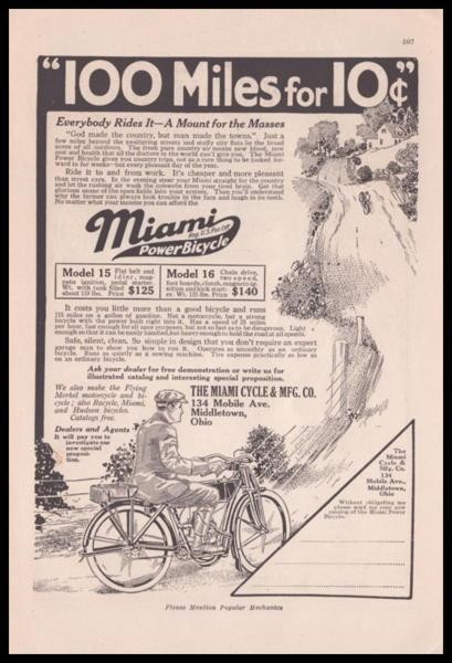 1915 Miami Power Motor Bicycle vintage Motorcycle print AD Miami Cycle