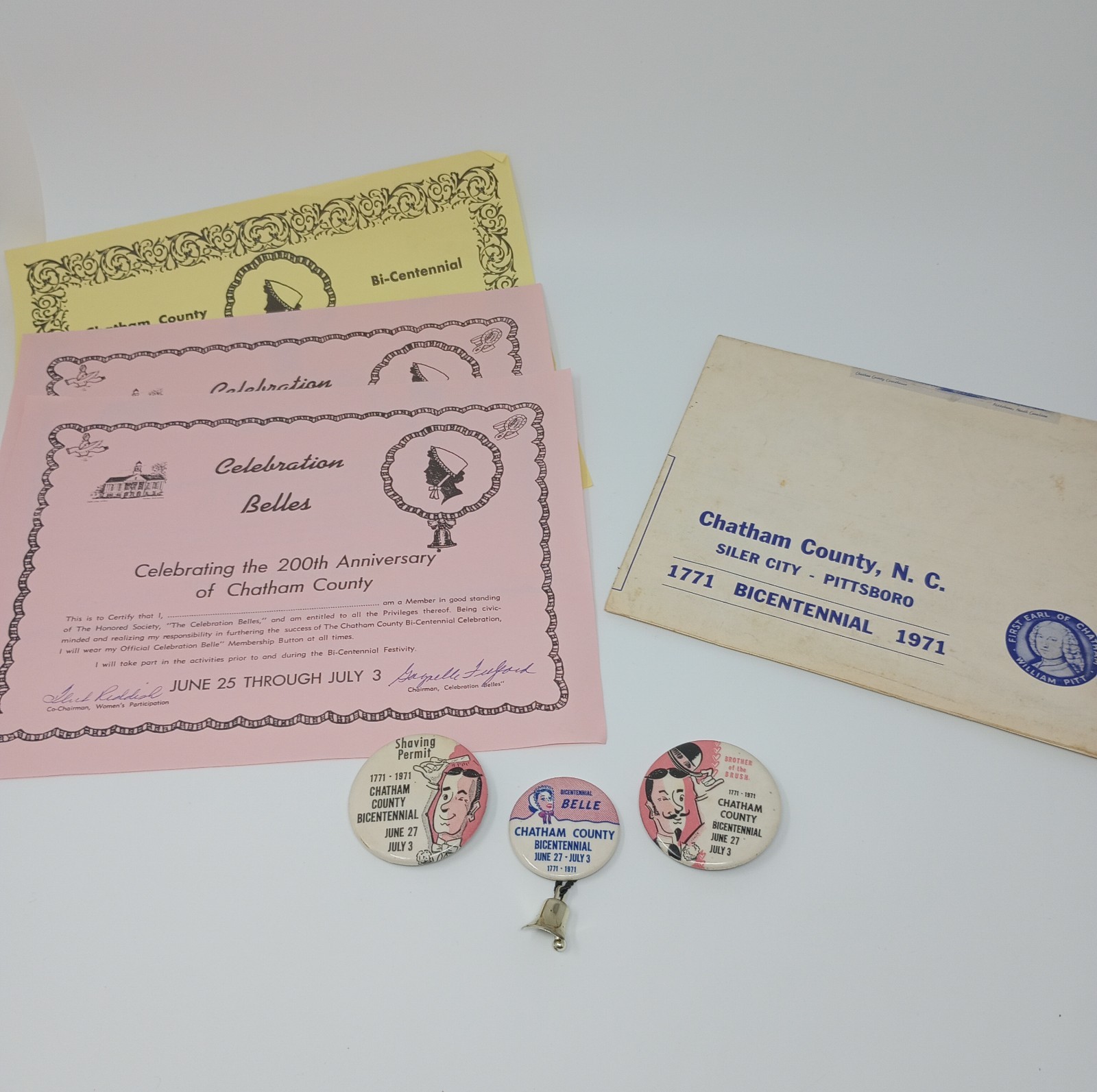 Chatham County NC Bicentennial Lot (Map, Pins, & Certificates) 1771 - 1971 Chatham County NC Bicentennial Lot (Map, Pins, & Certificates) 1771 - 1971