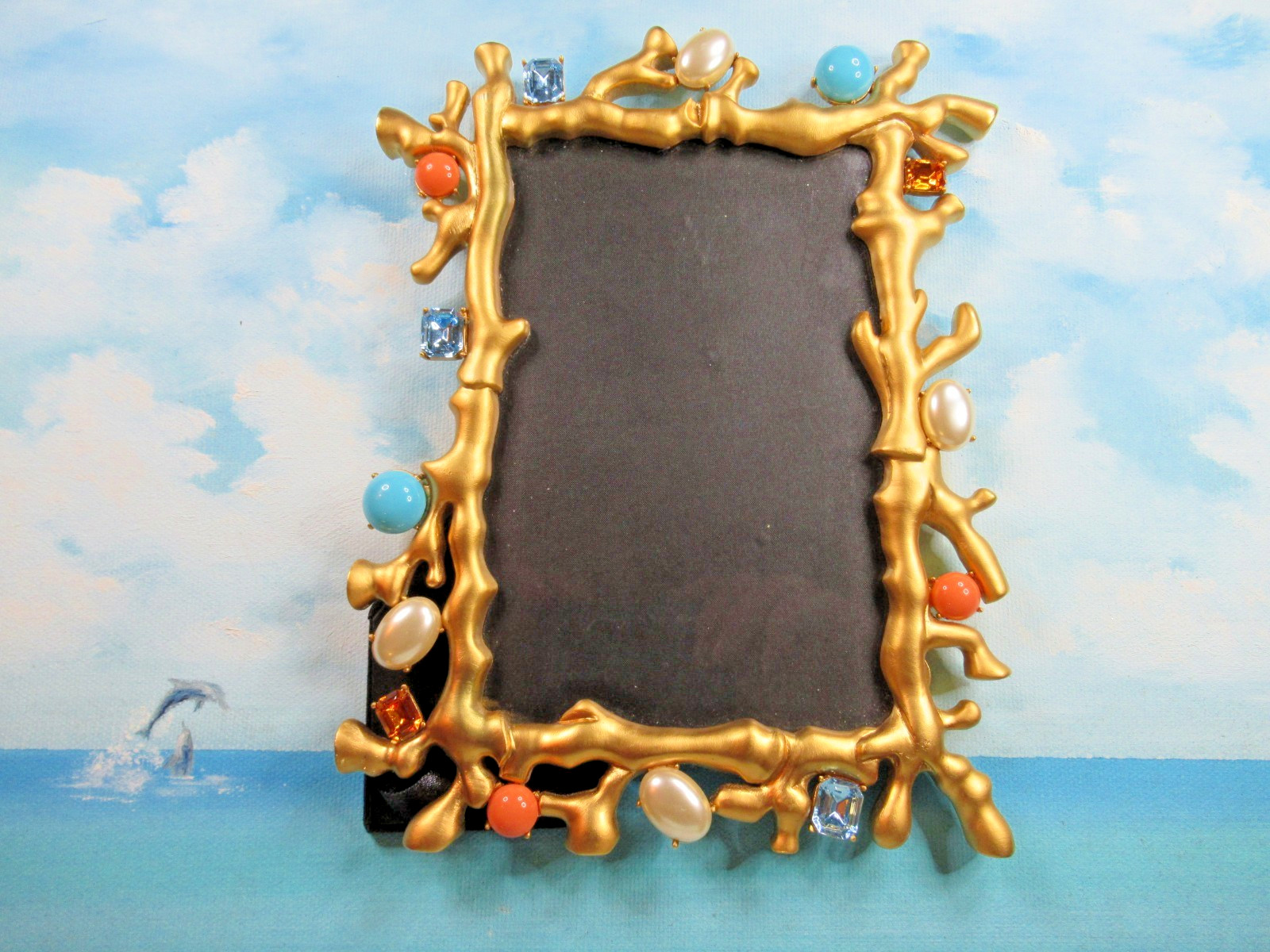 Vintage KENNETH JAY LANE Coral Turquoise Pearl Gemstone Frame Beach, Coastal FAB