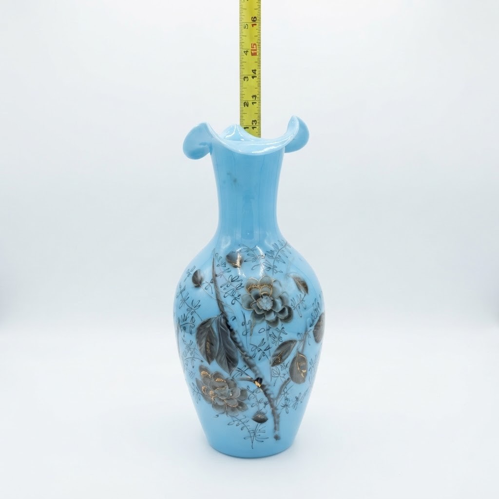 HAND PAINTED FLOWER LEAF BLUE OPALINE BRISTOL STYLE GLASS CRIMPED RUFFLE VASE