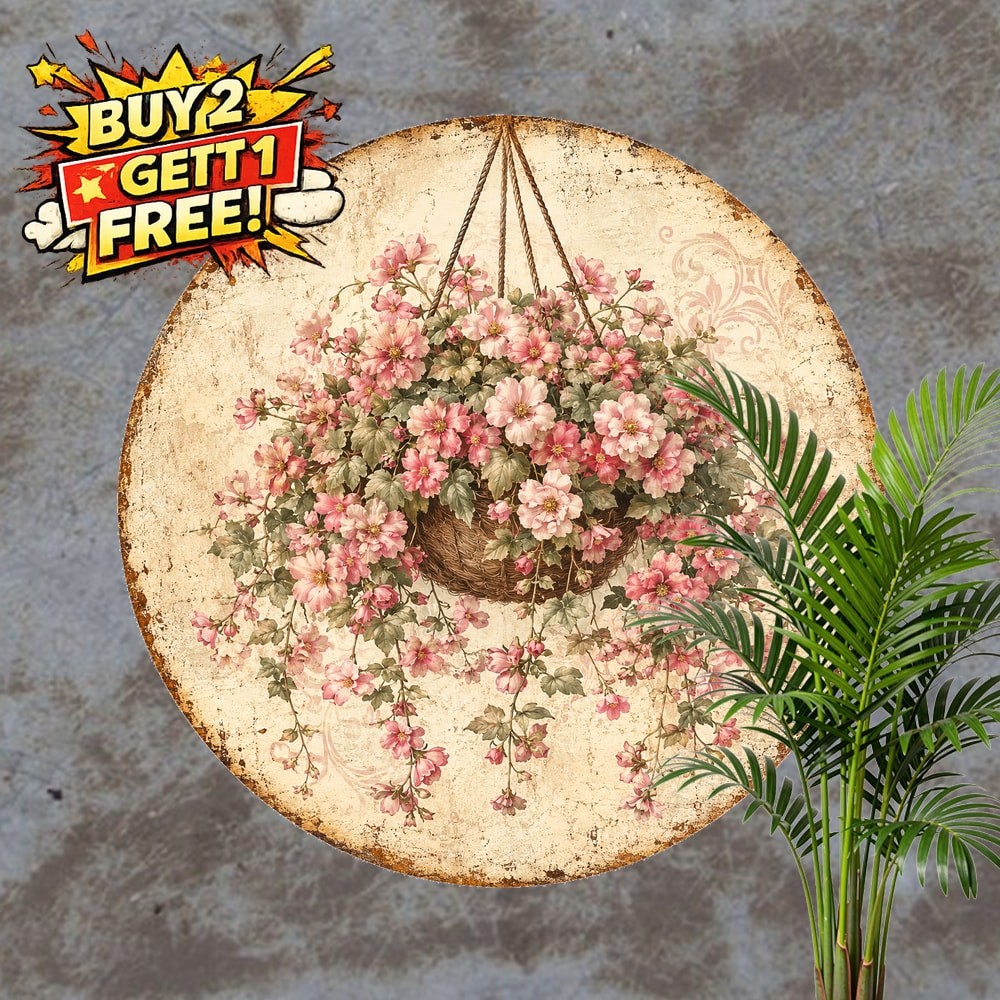 Farmhouse Pink Floral Hanging Plant Artwork Metal Sign Wall Plaque