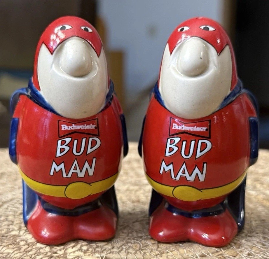 Vintage Bud Man Budweiser Salt Pepper Shakers Ceramic Set