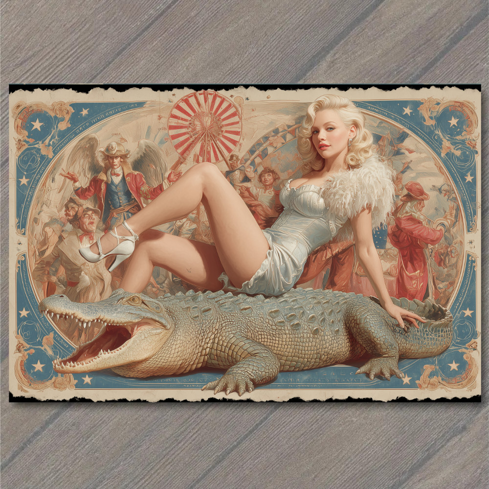 POSTCARD Circus Woman Glamorous Dress Alligator Carnival Stars Vintage Poster POSTCARD Circus Woman Glamorous Dress Alligator Carnival Stars Vintage Poster