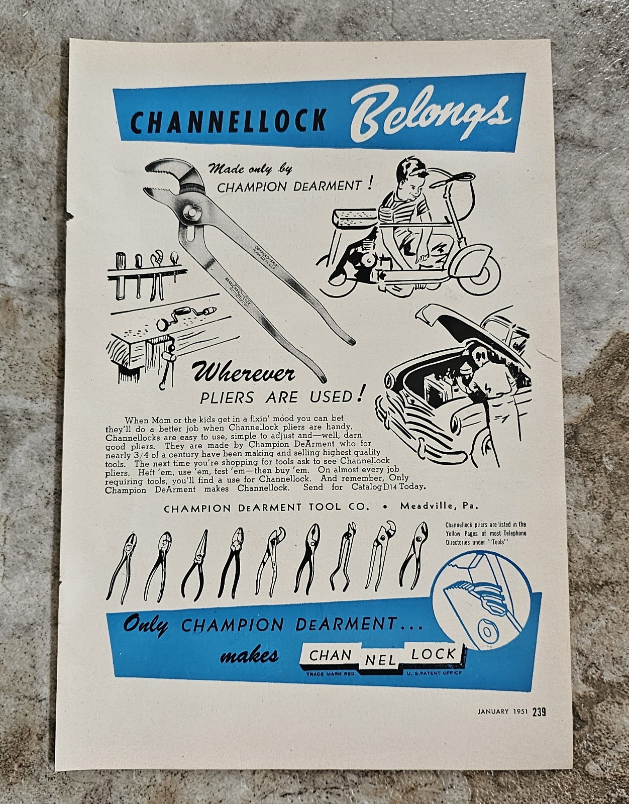 1951 Channel Lock Pliers Vintage Print Ad Magazine Advertisement Channellock