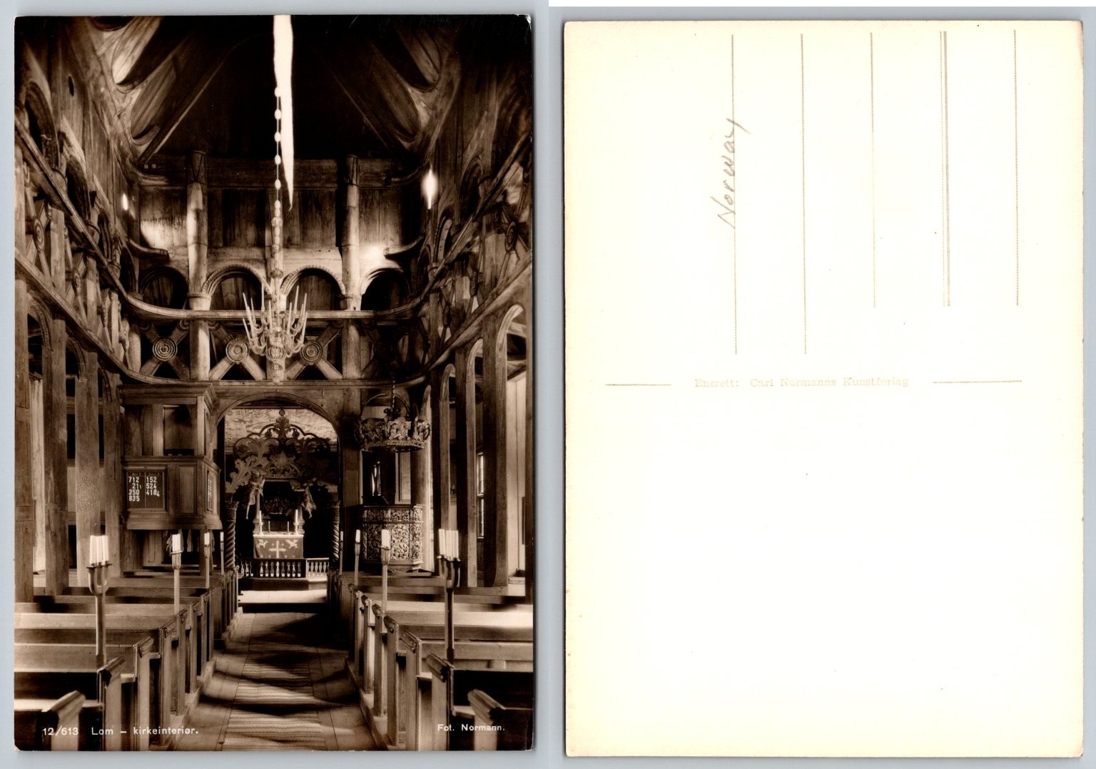 Lom Stave Church Interior Norway RPPC Vintage Postcard Carl Normann Lom Stave Church Interior Norway RPPC Vintage Postcard Carl Normann