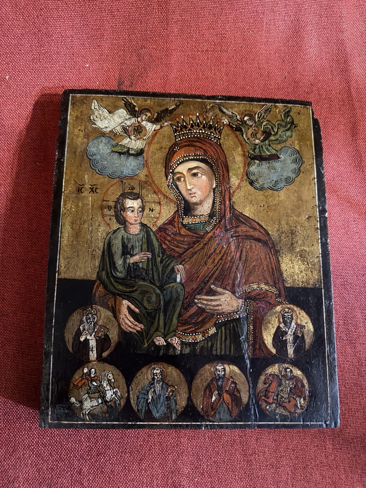 Antique 18-19thC Russian Greek? Orthodox Icon Virgin Mary With Christ And Saints