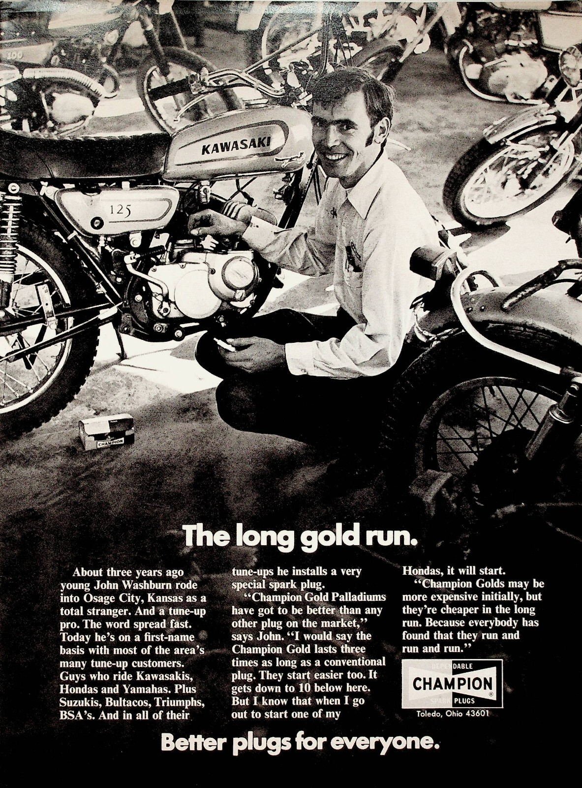 1973 Osage City KS John Washburn Motorcycle Champion Spark Plugs - Vintage Ad