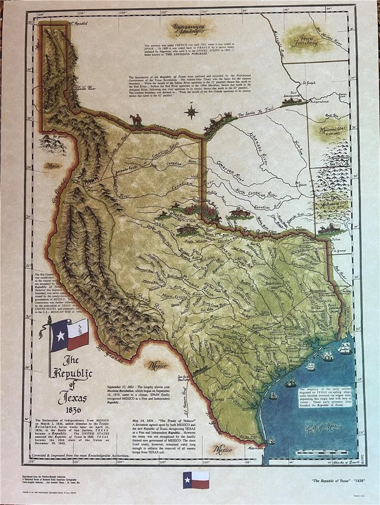 Republic of Texas Historical 1836 Map w Flag, Old, Indians Republic of Texas Historical 1836 Map w Flag, Old, Indians