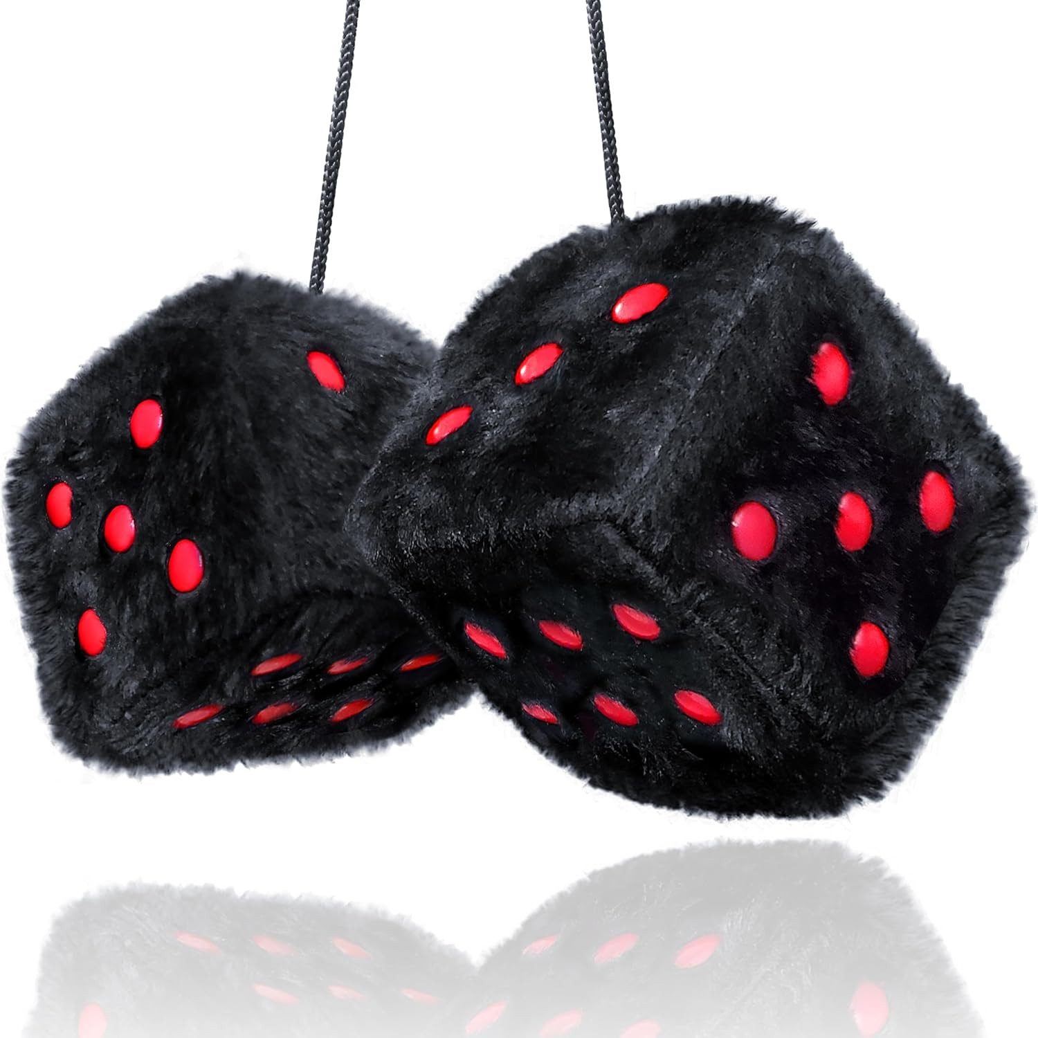 Black Red Fuzzy Dice Car Mirror Hanging Plush Retro Auto Interior Decor