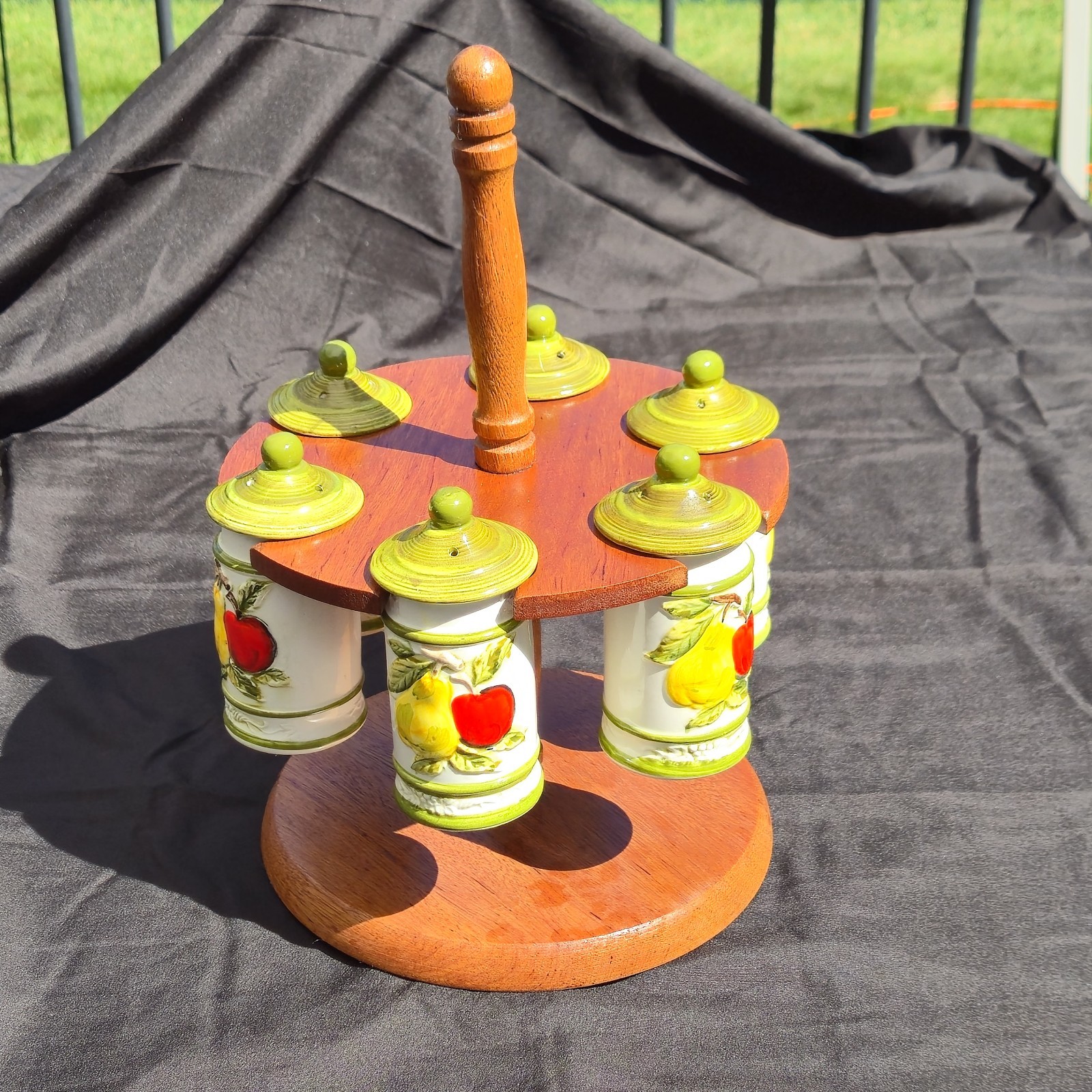 Vintage Mid Century Carousel Spice Rack 6 Ceramic Jars Hand Painted Fruit Japan Vintage Mid Century Carousel Spice Rack 6 Ceramic Jars Hand Painted Fruit Japan
