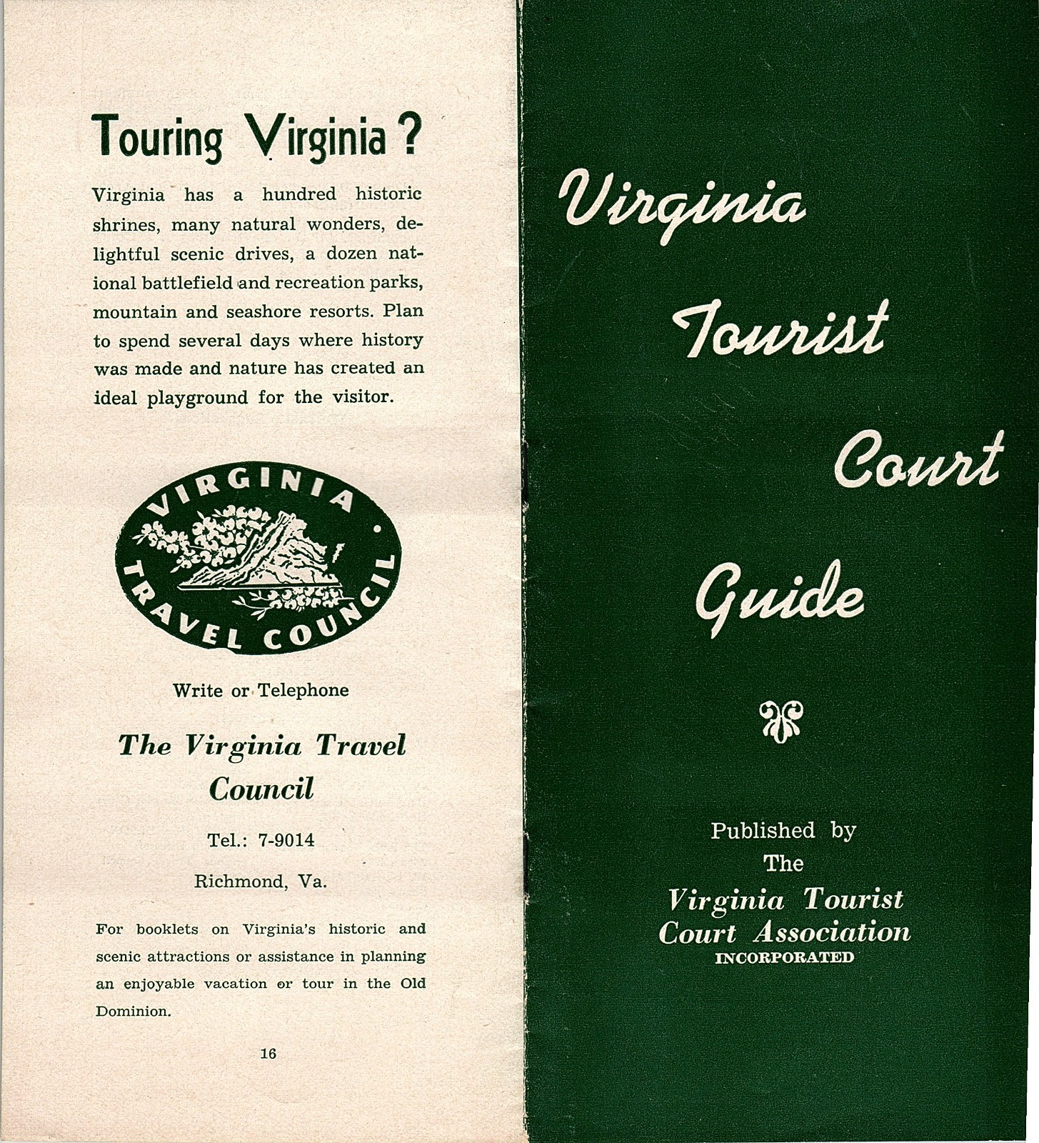 Virginia Tourist Court Guide July 1949 Richmond VA Vintage Travel Leaflet TC27