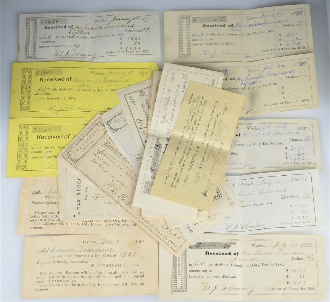 CALAIS MAINE STATE, COUNTY & CITY TAX RECEIPT (26)1877-1896-MRS LOUISA  TOWNSEND