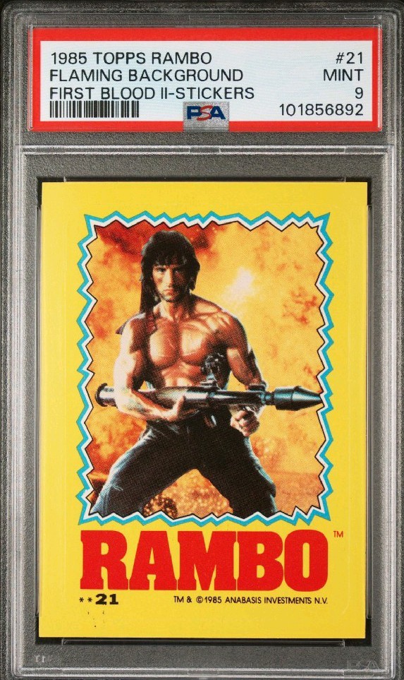 1985 Topps Rambo II #21 Flaming Background PSA 9 Sticker First Blood Stallone