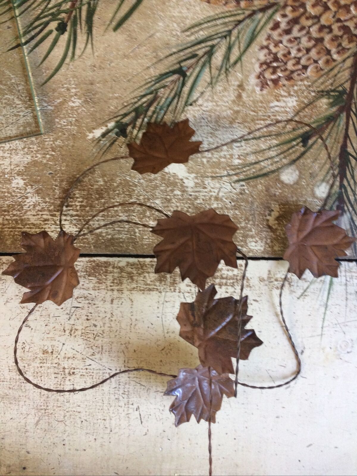 Primitive 4 Foot Dangling Rust Rusty Maple Leaves Twisted Wire Garland Fall