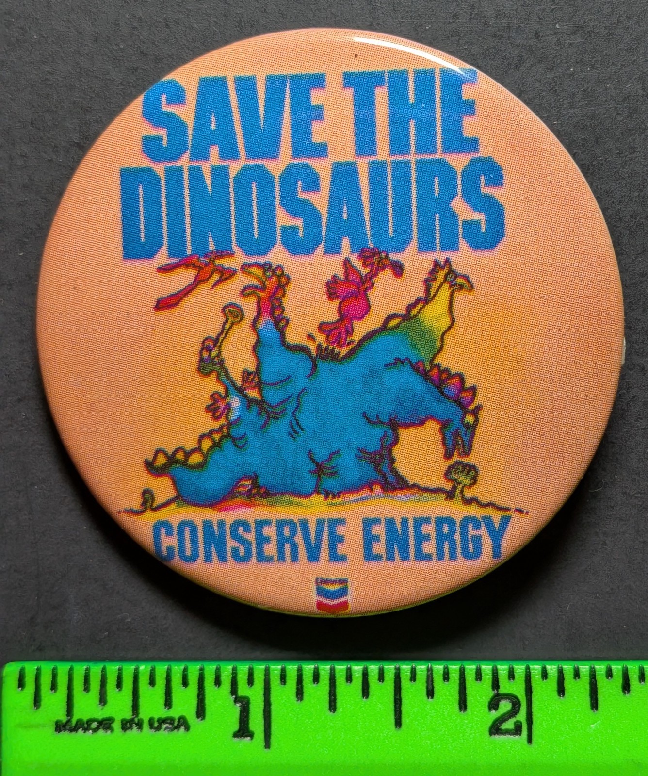 Vintage Save the Dinosaurs Chevron Energy Pinback Pin Vintage Save the Dinosaurs Chevron Energy Pinback Pin