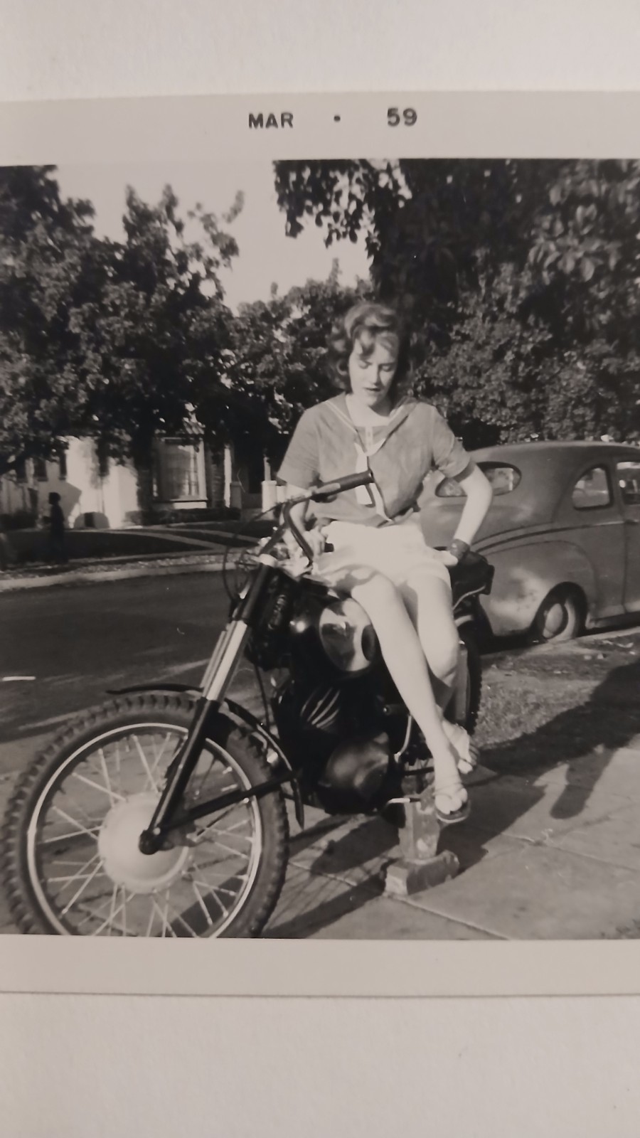 Vintage Snapshot 1959 Woman On Vintage Motorcycle Biker Culture Photo
