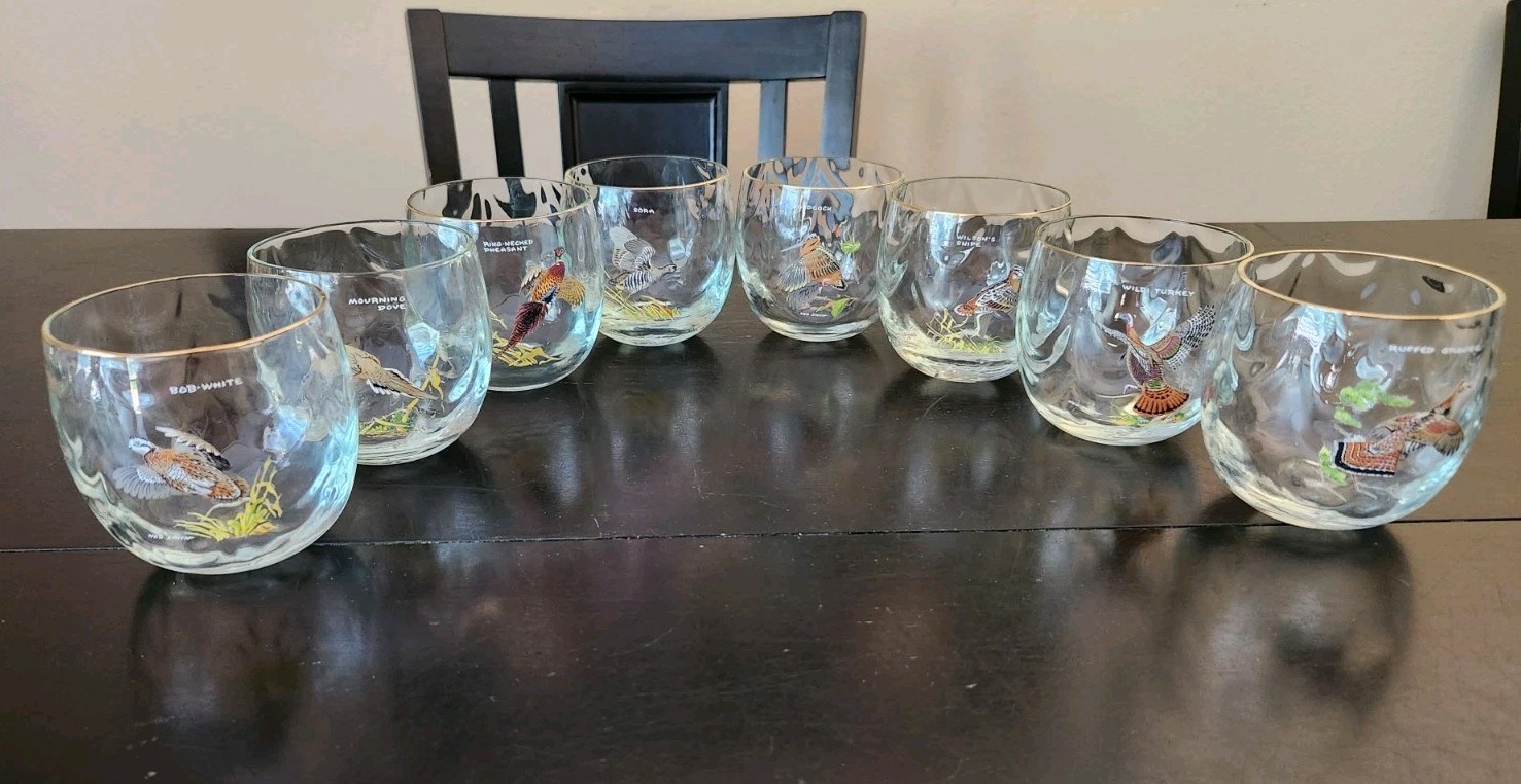 Vtg Full 8pc Set Ned Smith Optic Roly Poly Glasses Birds West Virginia Glass Co