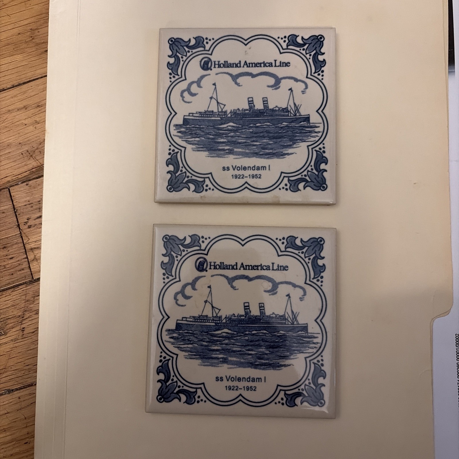 Holland America Line Blue Delft Tile Vintage ss Volendam 1  1922 -1952 set of 2 