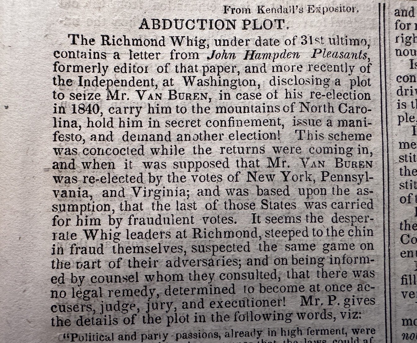 1842 Martin Van Buren Abduction Plot President Election Kidnapping Newspaper
