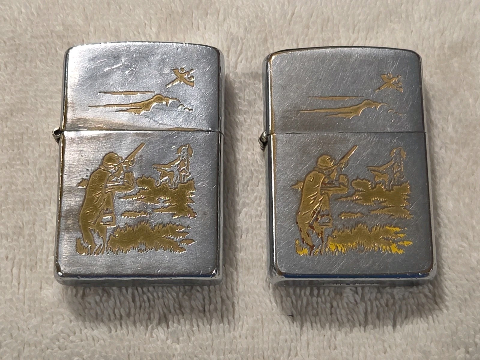 Vintage LOT OF TWO Zippo Lighters Hunter With Dog Scene Pat 2517191 Rare Vintage LOT OF TWO Zippo Lighters Hunter With Dog Scene Pat 2517191 Rare