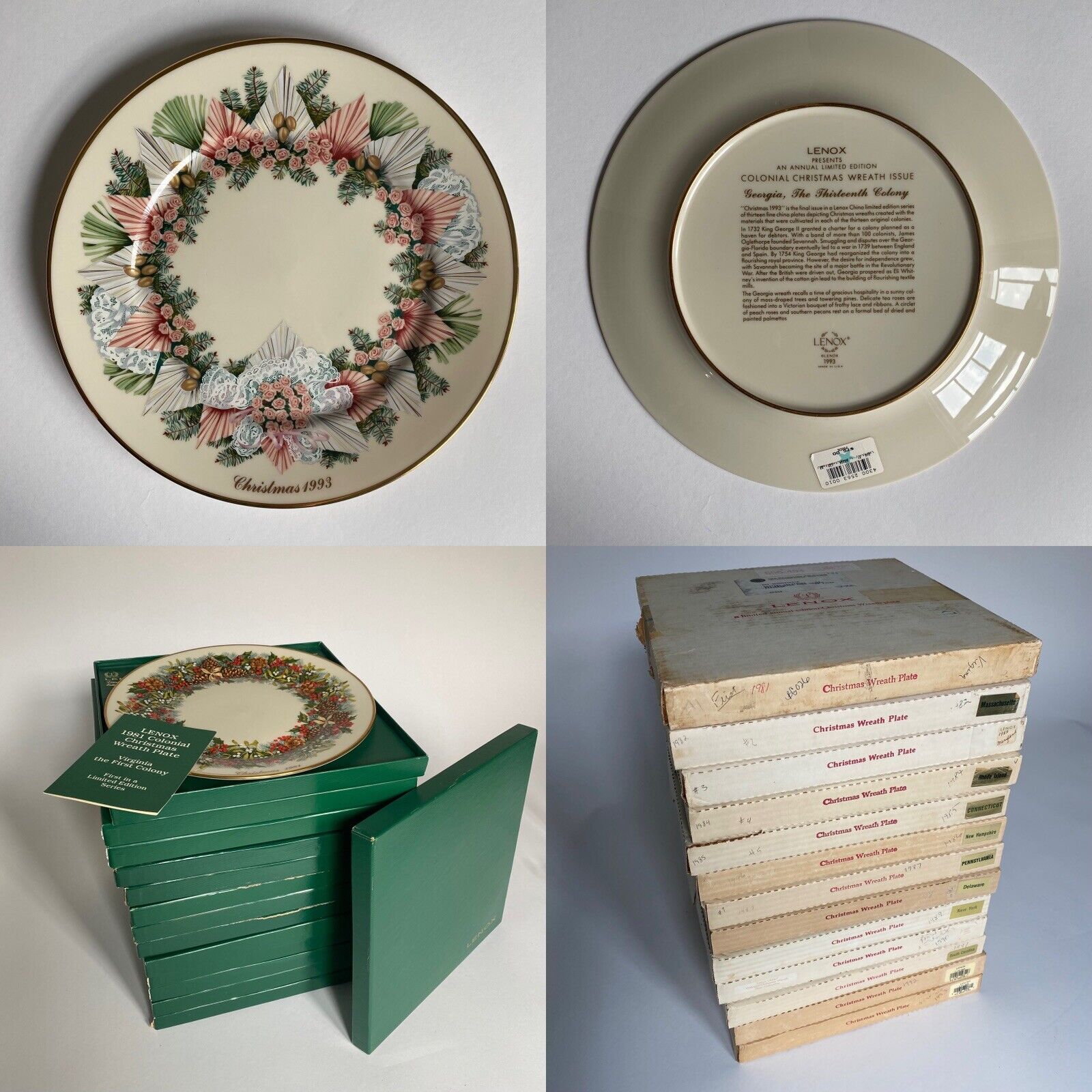 LENOX Set of 13 Colonial Christmas Wreath Plates - COA\'s & Box Read Description