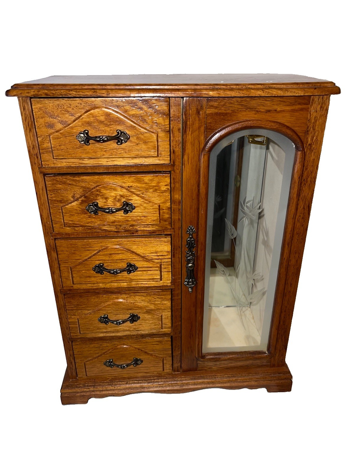 Vintage nice Linden Japan Jewelry Box Glass Door Oak 5 Drawer Vintage nice Linden Japan Jewelry Box Glass Door Oak 5 Drawer