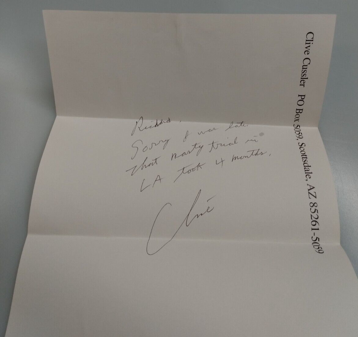 Rare Clive Cussler Signed Personal Letter on Letterhead Discussing Legal Battle